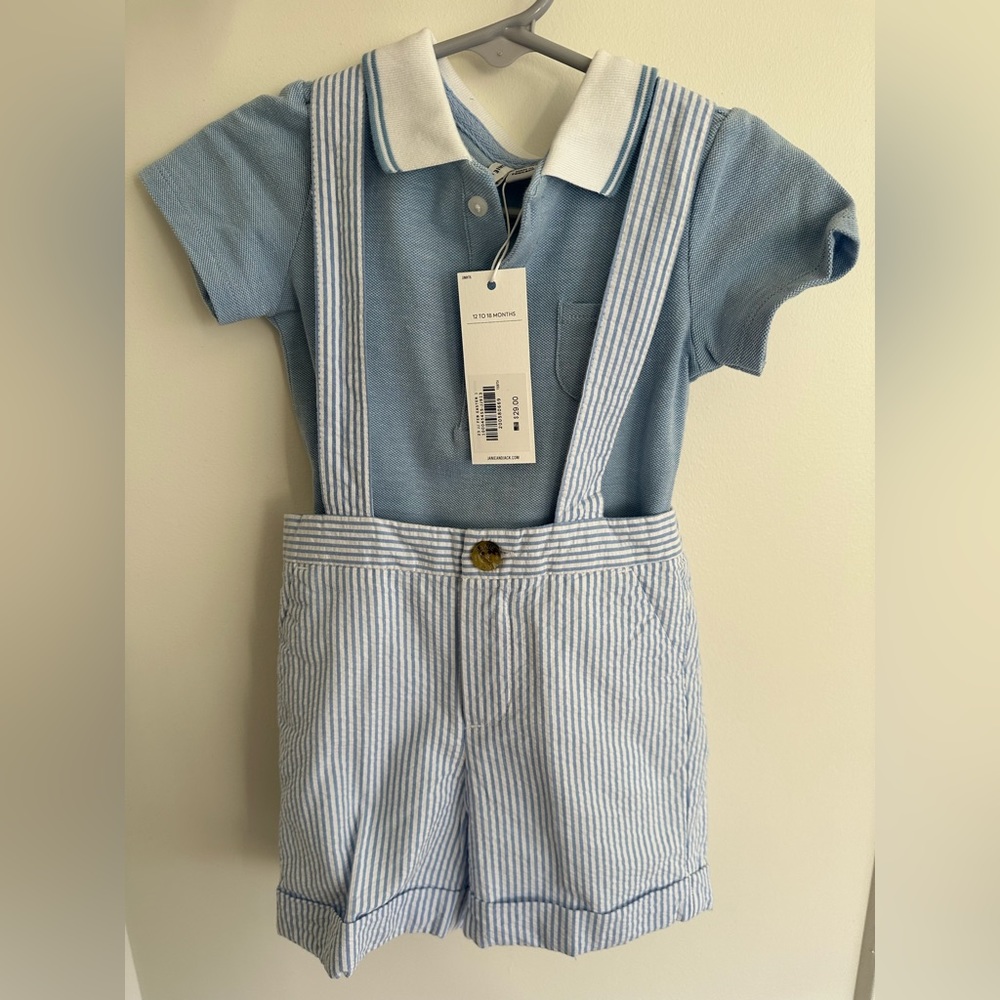 Janie and Jack BABY BUNNY PIQUE POLO BODYSUIT & SUSPENDER SHORT 12-18 mon New